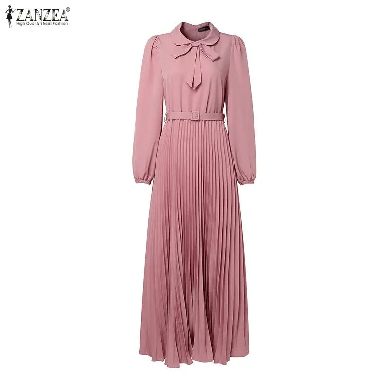 Elegant Muslim Dress Abaya ZANZEA Women 2025 Autumn Dresses Long Lantern Sleeve Pleated Sundress Belted Robe Femme Party Vestido