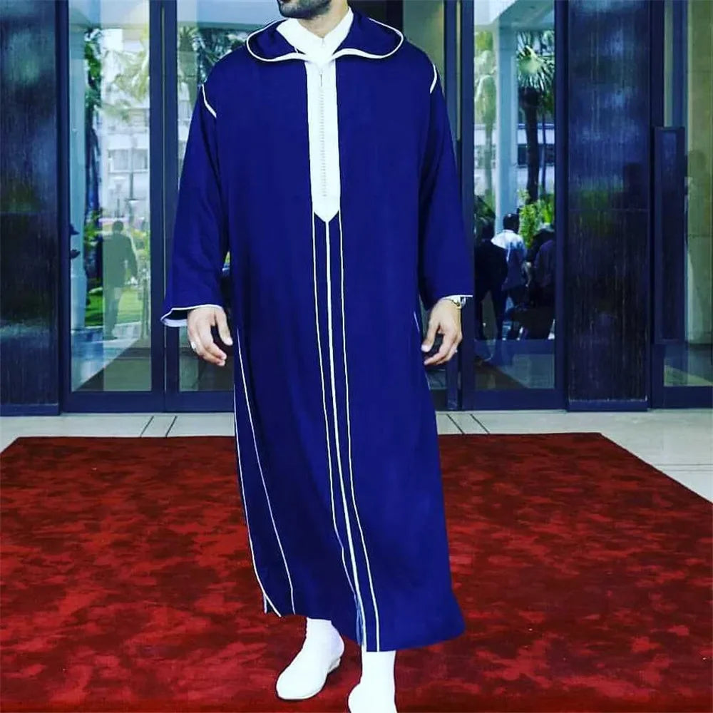 2026 Men's Muslim Thobe Middle East Jubba Thobe Long Sleeves Islamic Robe Men Muslim Dress Saudi Arabic Hooded Thobe Abaya Male