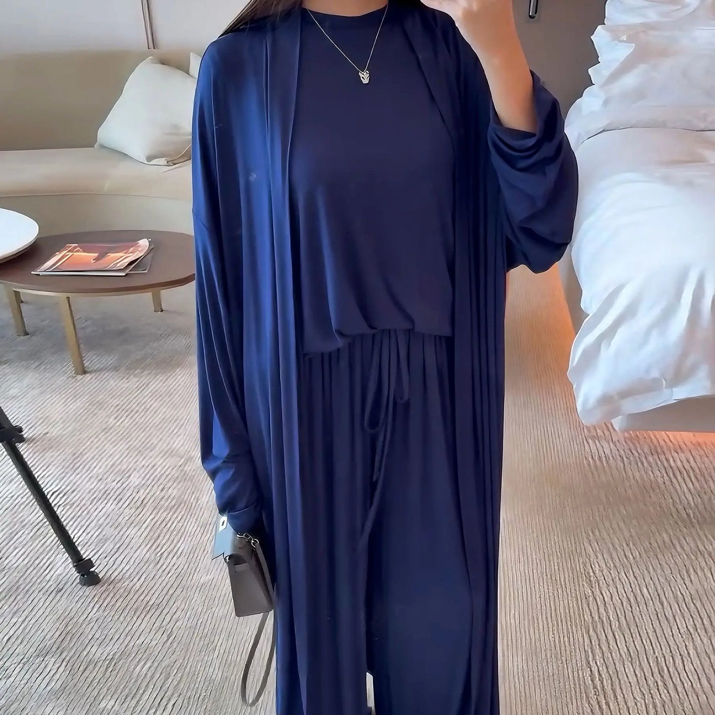 Muslim 3 Piece Set Women Cardigan Shirt Wide Leg Pant Blouse Top Suit Musulman Ensemble Dubai Casual Femme Outfits Solid Casual