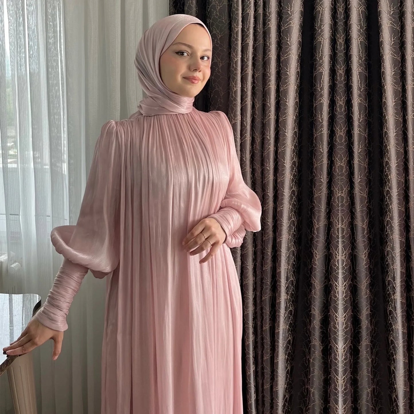 Eid Abaya Modest Muslim Dresses for Women Cuff Sleeves Wrinkle Evening Party Maxi Dress Jalabiya Islamic Clothing Kaftan Robe