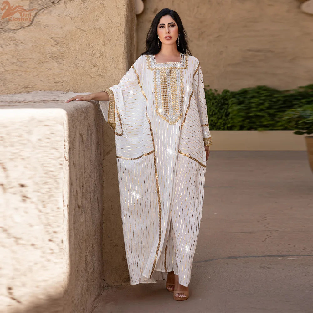 Uni Muslim Women's Gold Sequins Abaya Dress 2025 Bat Sleeve Kaftan Jalabiya for Ramadan Eid Party Islamic Evening Wear