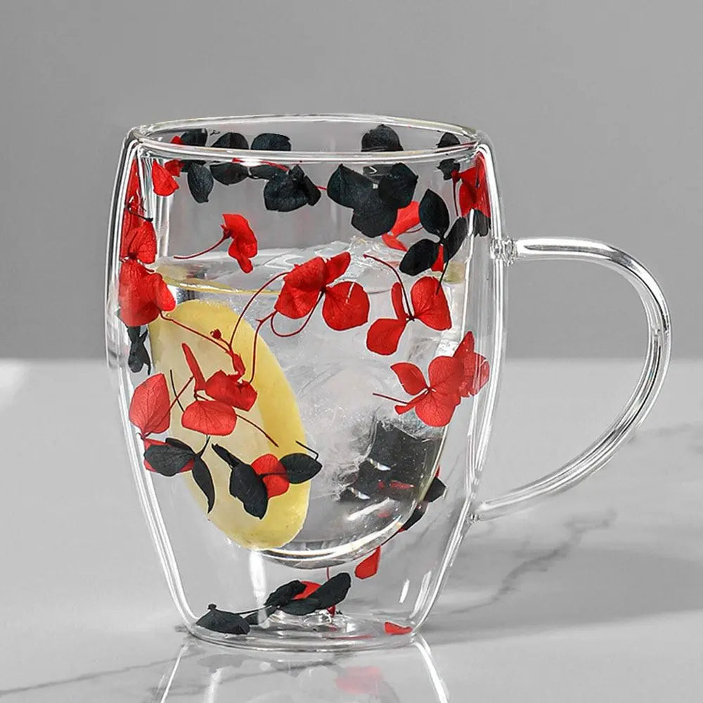 Dried Flowers Double Walled Coffee Mug 350ml Dried Flowers Glass Mugs Unique Creative Flower Mug with Handle Anti-Scalding Mug