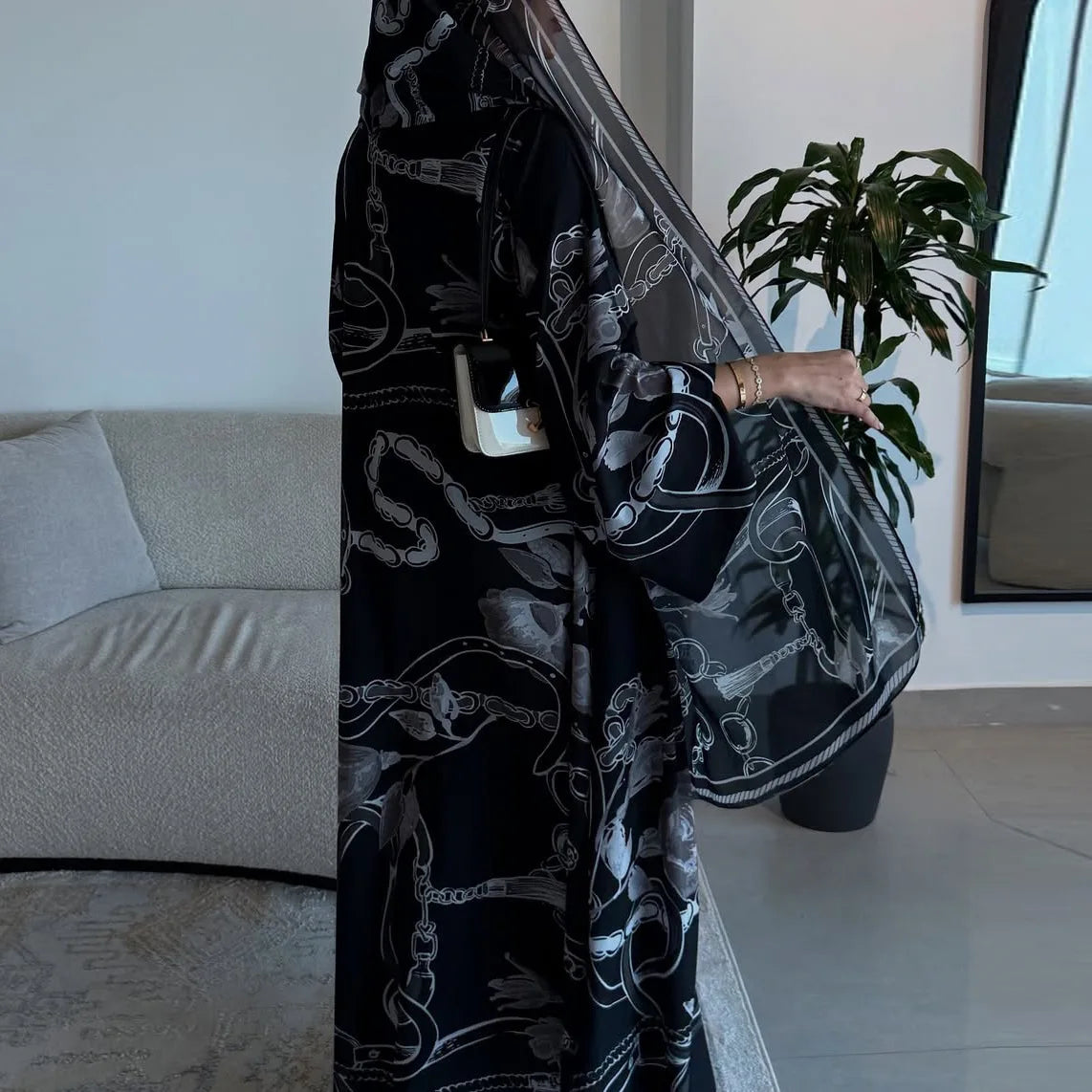 Fashionable Printed Two-Piece Set Large Robe Muslim Middle East Dubai Ethnic Style Outerwear Abaya Open Cardigan Polyester Fa...