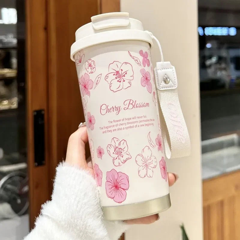 Coffee Mug Woman 500ml ，Stainless Steel Vacuum Flask with Straw and Thermal Cup for Drinking Directly