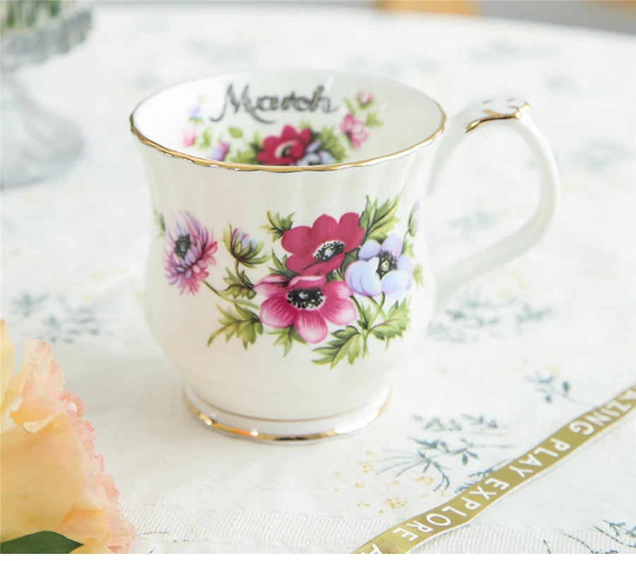 Retro Coffee Mug Ceramic Exquisite Seasonal Flower Printed Couple Cup Bone China Creative Gift Home Drinkware Breakfast Milk Mug