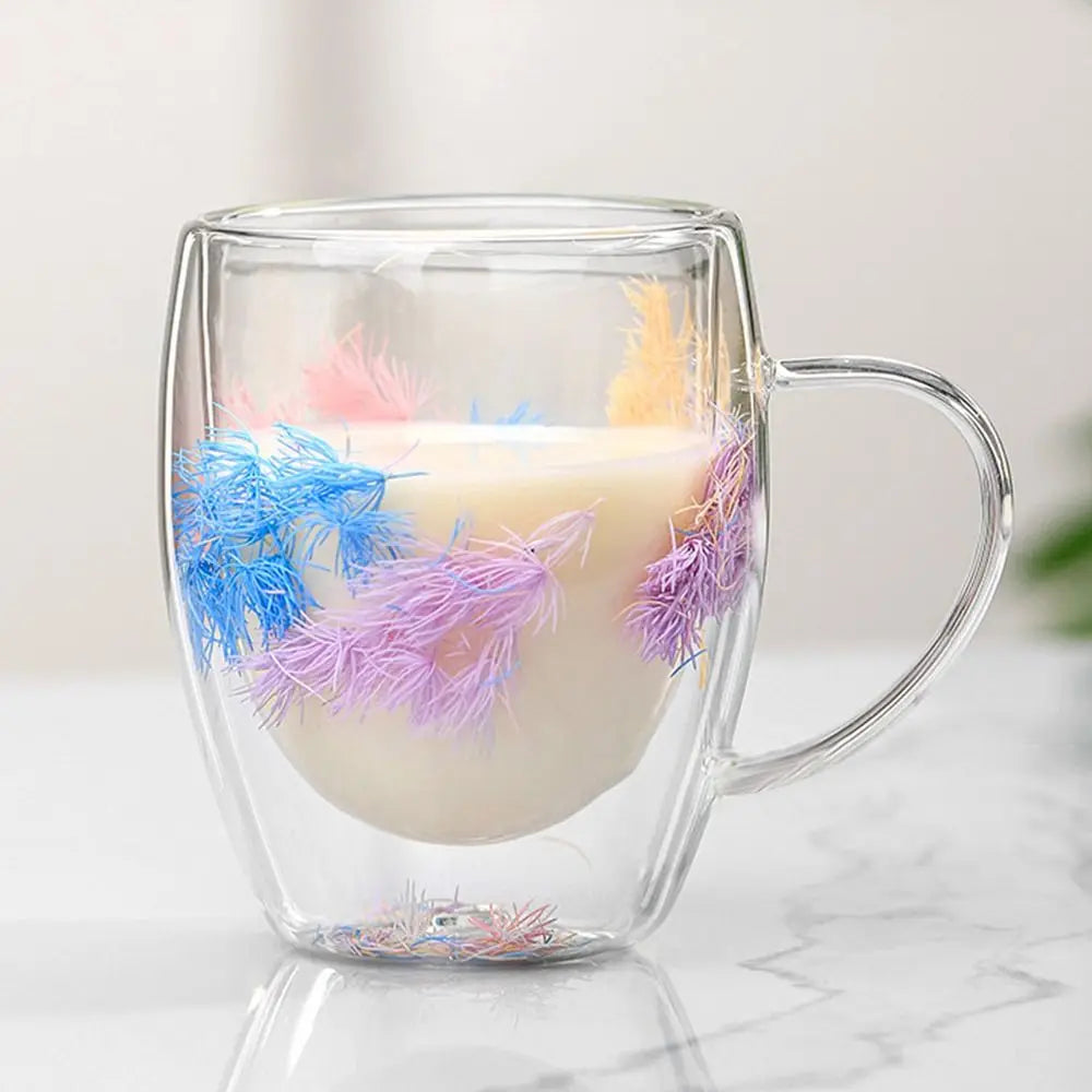 Dried Flowers Double Walled Coffee Mug 350ml Dried Flowers Glass Mugs Unique Creative Flower Mug with Handle Anti-Scalding Mug