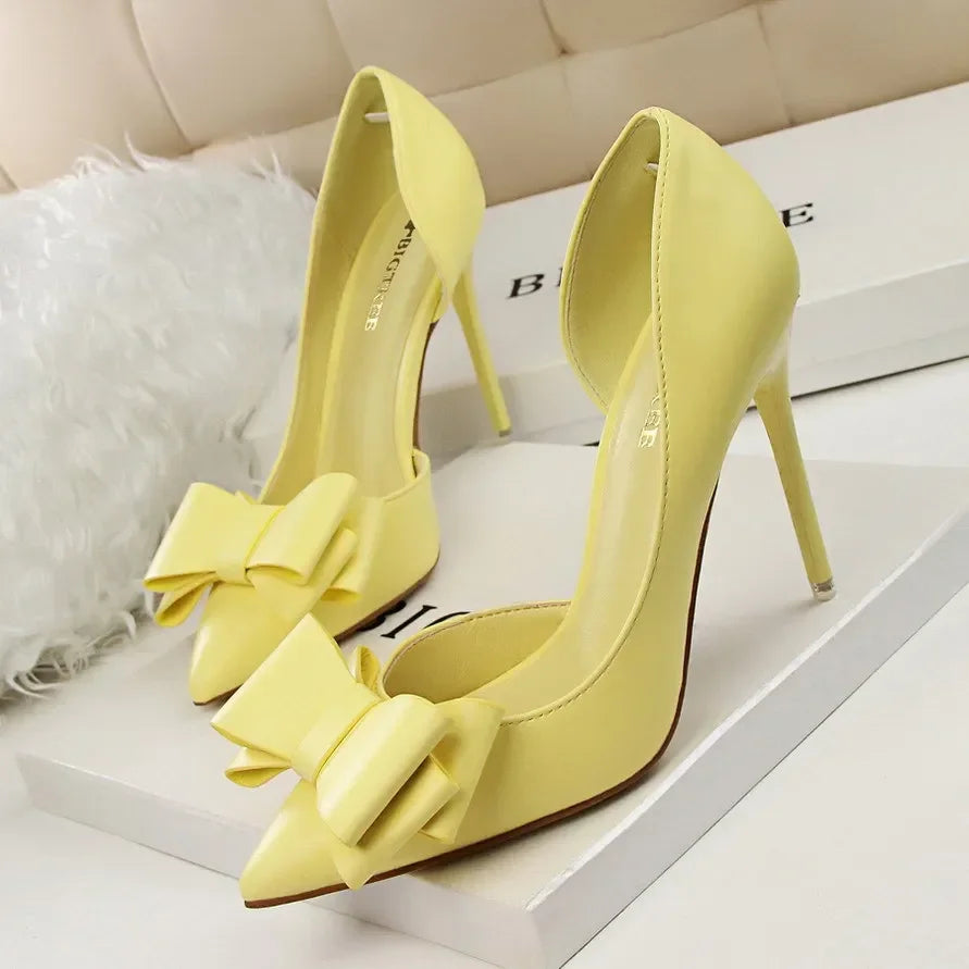 2025 Fashion Delicate Sweet Bowknot High Heel Shoes Side Hollow Pointed Women Pumps Pointed Toe 10.5CM thin Dress Shoes