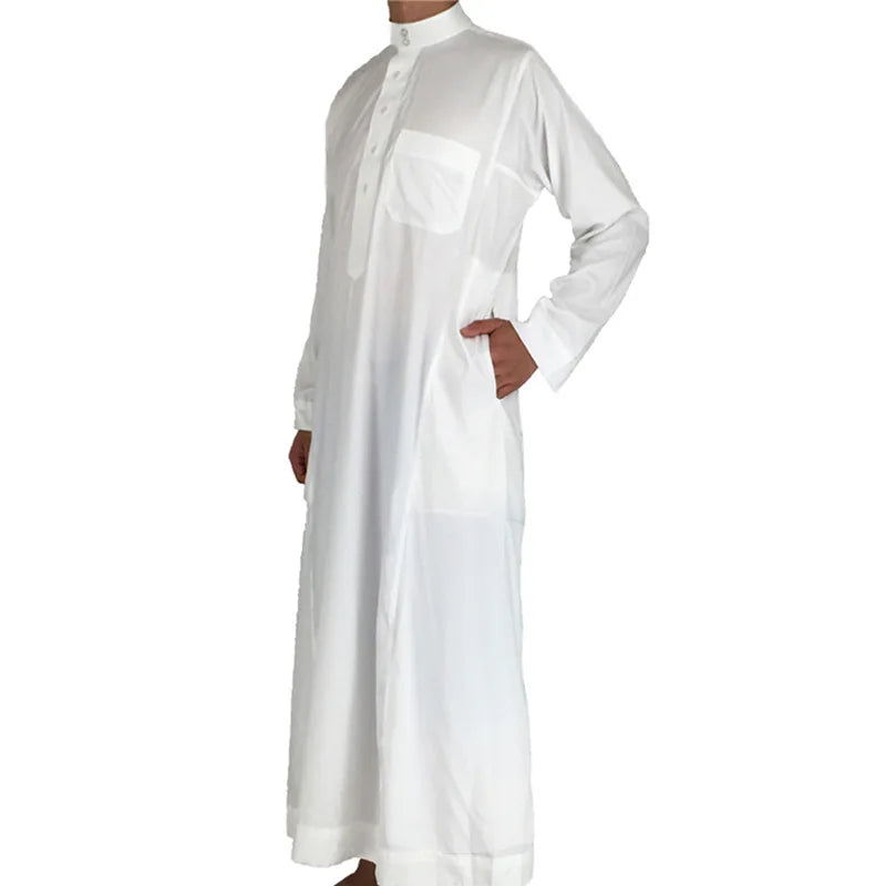 Men's Muslim Robe Islamic Ramadan Juba Kaftan Dishdash Arabian Robe Solid Color Long Sleeve Collar Loose T-shirt Dress Tunic New