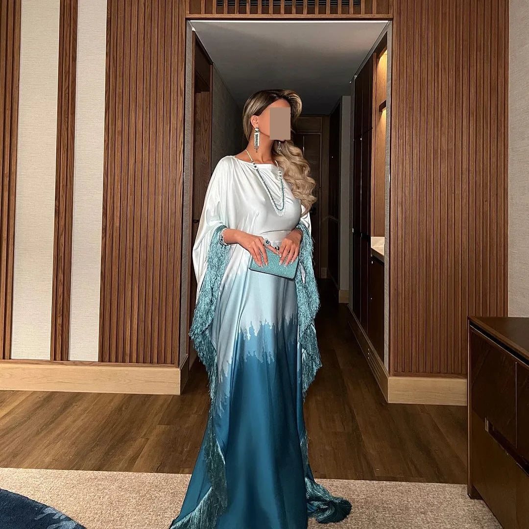 Modest Muslim Batwing Sleeve Gradient Color Tassel Kaftan Eid Al Adha Party Evening Dresses Moroccan Turkey Dubai Abaya Islam