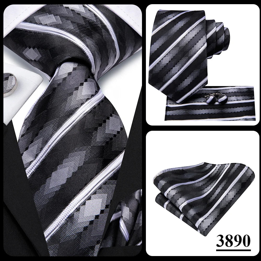 Hi-Tie Men Fashion Striped Navy Blue Necktie Handkerchief Cufflinks for Tuxedo Accessory Classic Silk Luxury Tie for Man Gift