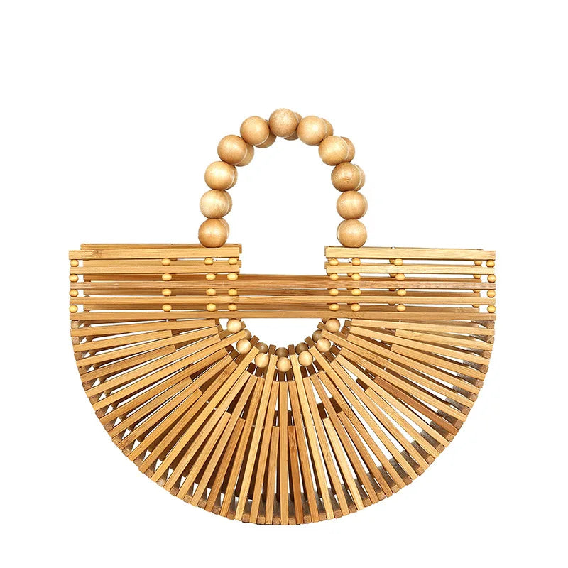 Handmade Fashion Bamboo Handbag Pearl Handle Design Elegant Women Hollow Out Beach Bag Vacation Women Straw Bag Female Bags