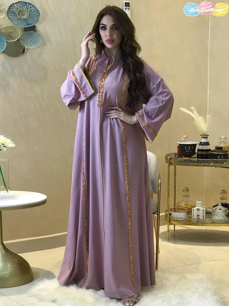 Ramadan Abaya Femme Musulmane Moroccan Kaftan for Woman Fashion Solid Diamonds Full Sleeve Loose Turkish Dubai Robe