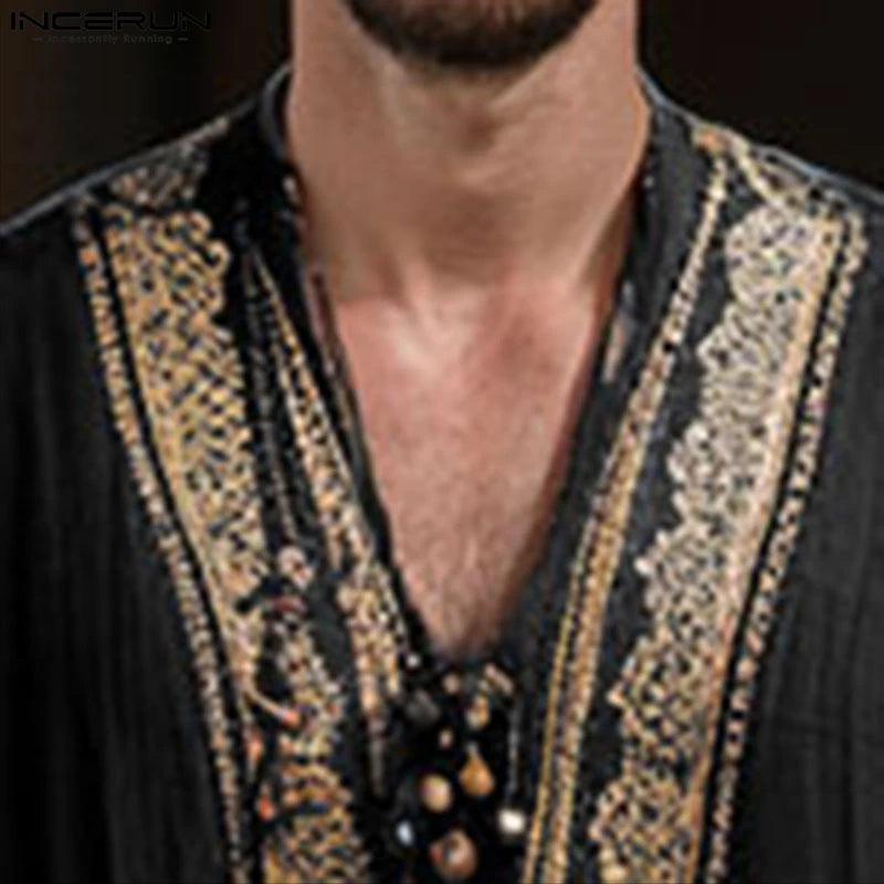 INCERUN Men Jubba Thobe Printing Patchwork V Neck Long Sleeve Male Robes Muslim Kaftan Loose 2025 Arab Casual Men Caftan Abaya