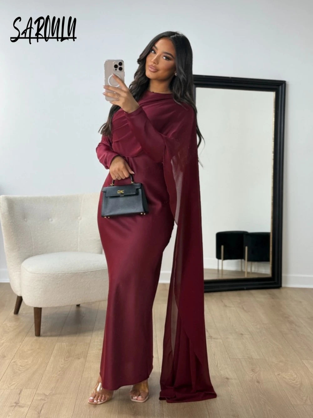 Burgundy Abaya Women Satin Modest Evening Dress Simple Hot Sale Cocktail Gown With Side Cape Elegant Arabic Long Sleeves Robe