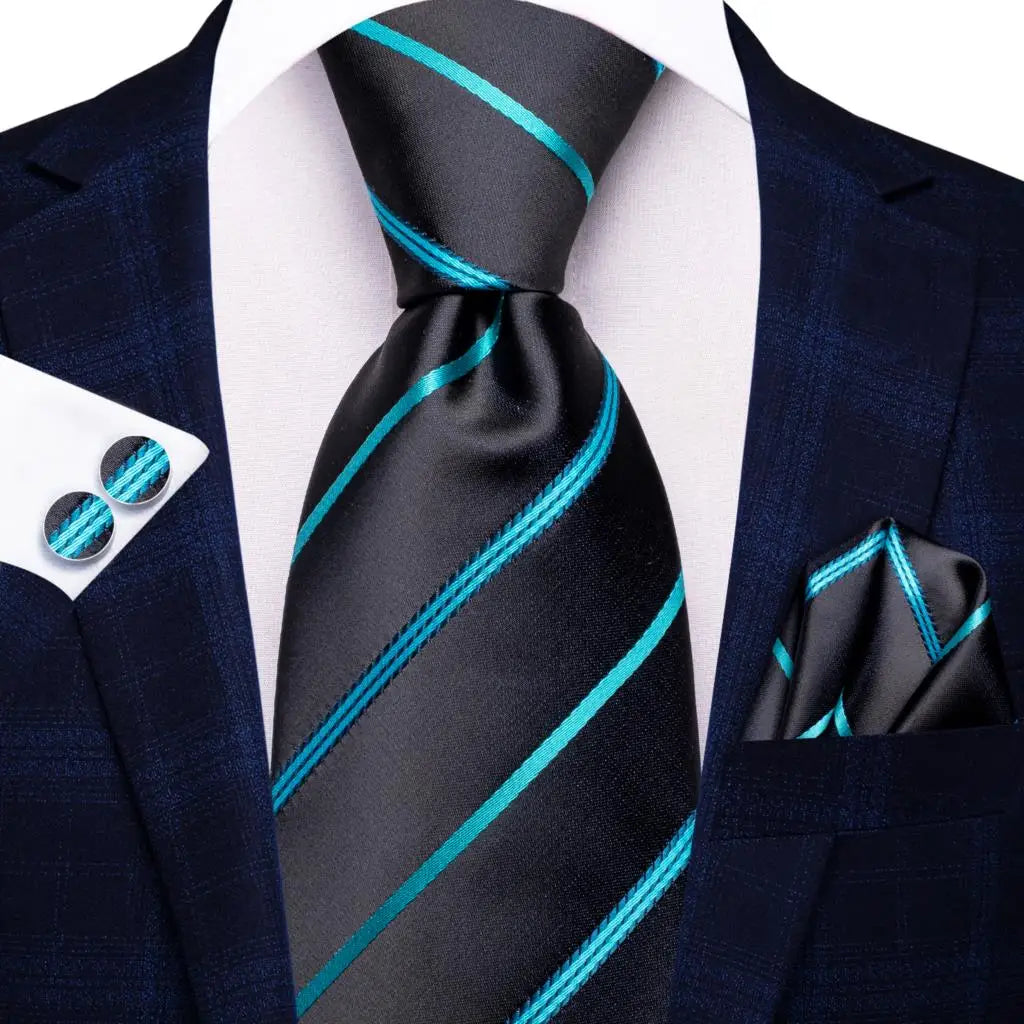 Hi-Tie Men Fashion Striped Navy Blue Necktie Handkerchief Cufflinks for Tuxedo Accessory Classic Silk Luxury Tie for Man Gift