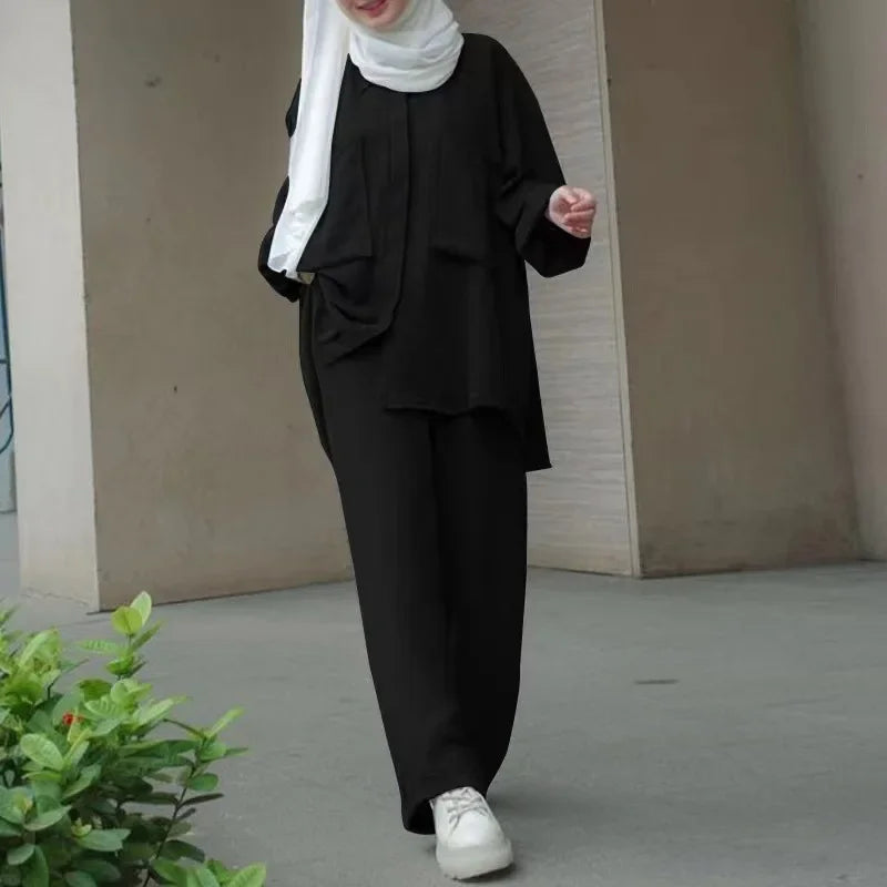 Women Casual Muslim Suit Solid Abaya Eid Ramadan Long Sleeve Blouse+Pants 2 Piece Set Dubai Turkey Kaftan Women Islamic Clothing
