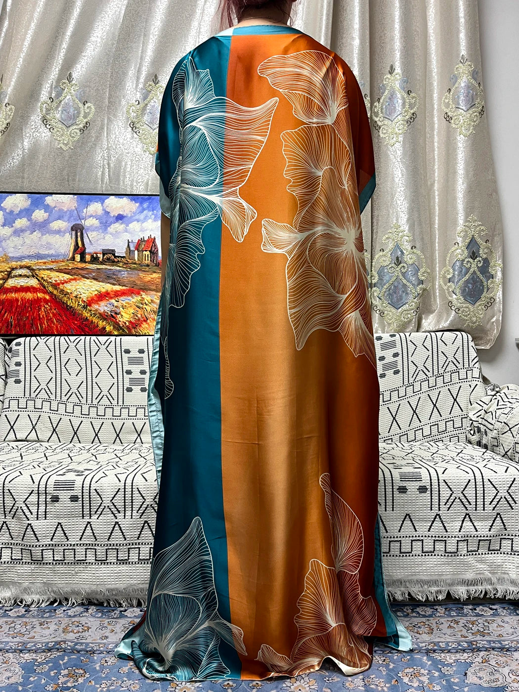 Abayas For Women 2023 Printed Silk Soft Loose Femme Robe Muslim Summer Fashion Clothing African Islam Woman Dresses With Turban