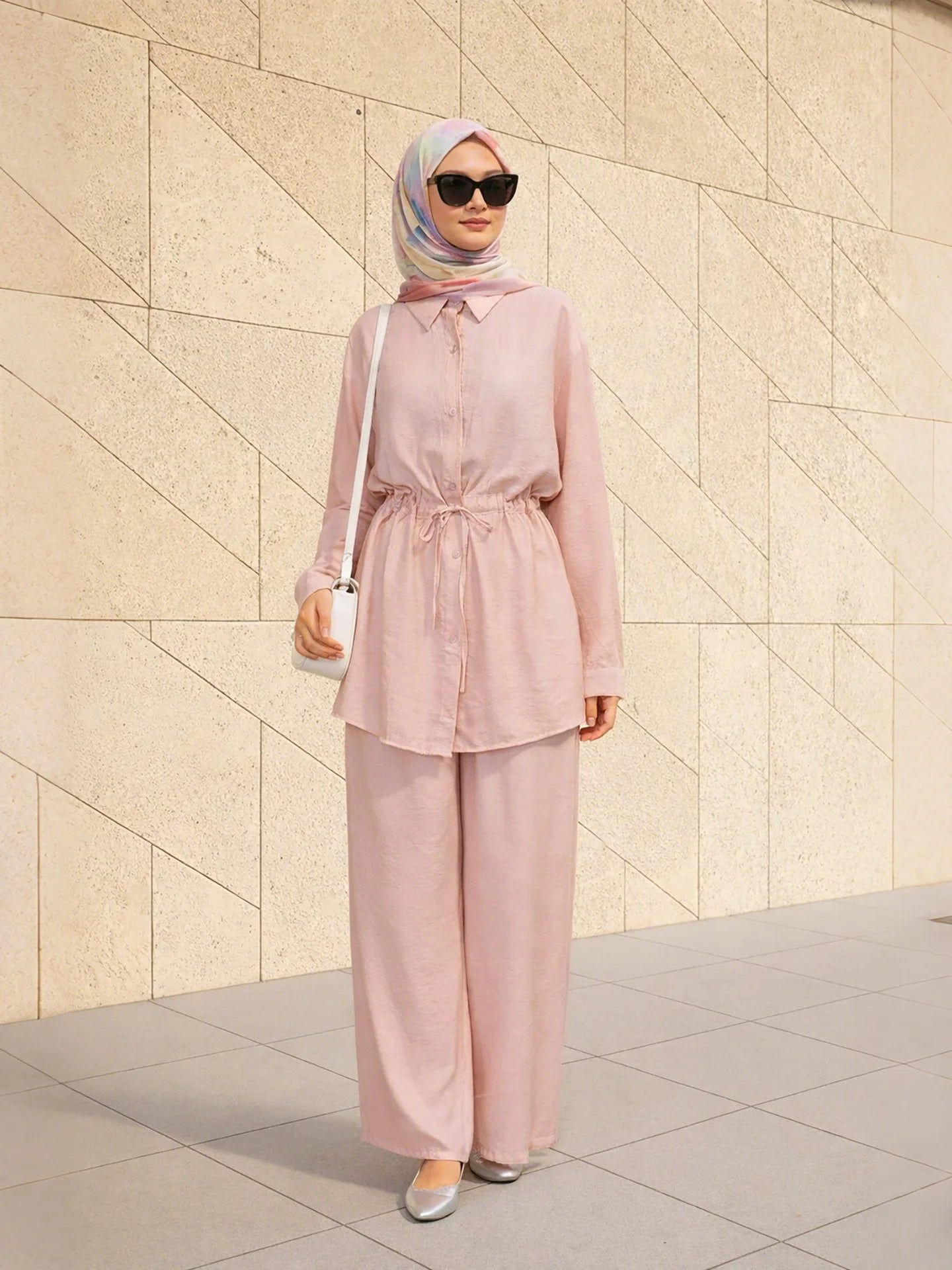 Turn Down Collar Rope Laced 2 Piece Set Women Clothing Wide Leg Pants Ramadan Prayer Dubai Islamic Clothes Turkish Abaya