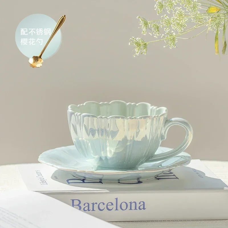 Pearl Petal Ceramic Cup Coffee Cup and Saucer Afternoon Tea Red, White & Blue Coffee Mug Milk Tea Cups Mugs Teacup Drinkware