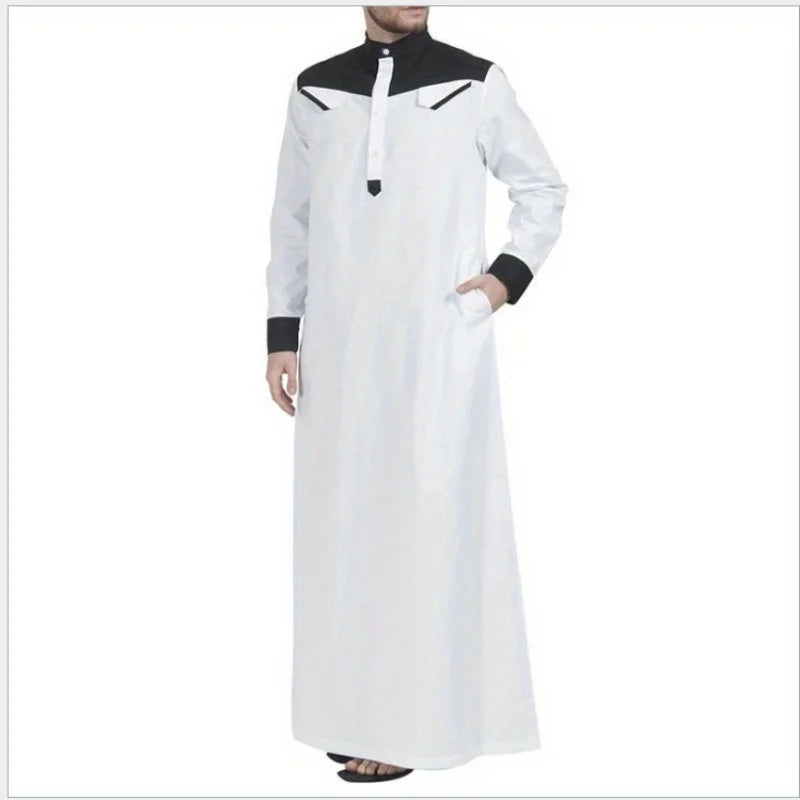 Southeast Asian Muslim Men's Thobe - Color Block Long Sleeve Robe with Mandarin Collar, Traditional Islamic Prayer Dress