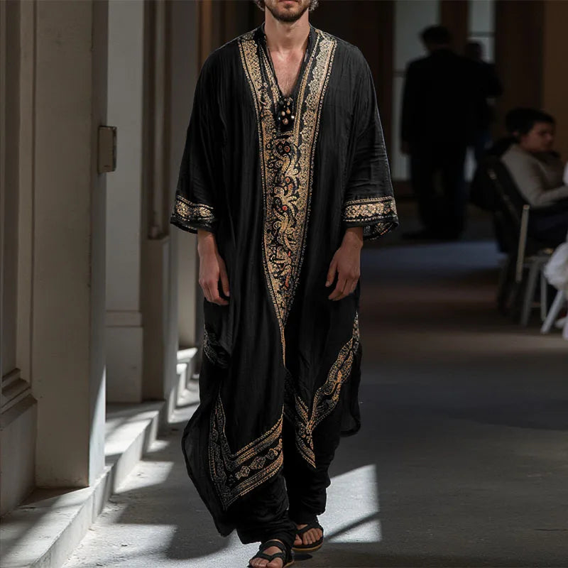 INCERUN Men Jubba Thobe Printing Patchwork V Neck Long Sleeve Male Robes Muslim Kaftan Loose 2025 Arab Casual Men Caftan Abaya