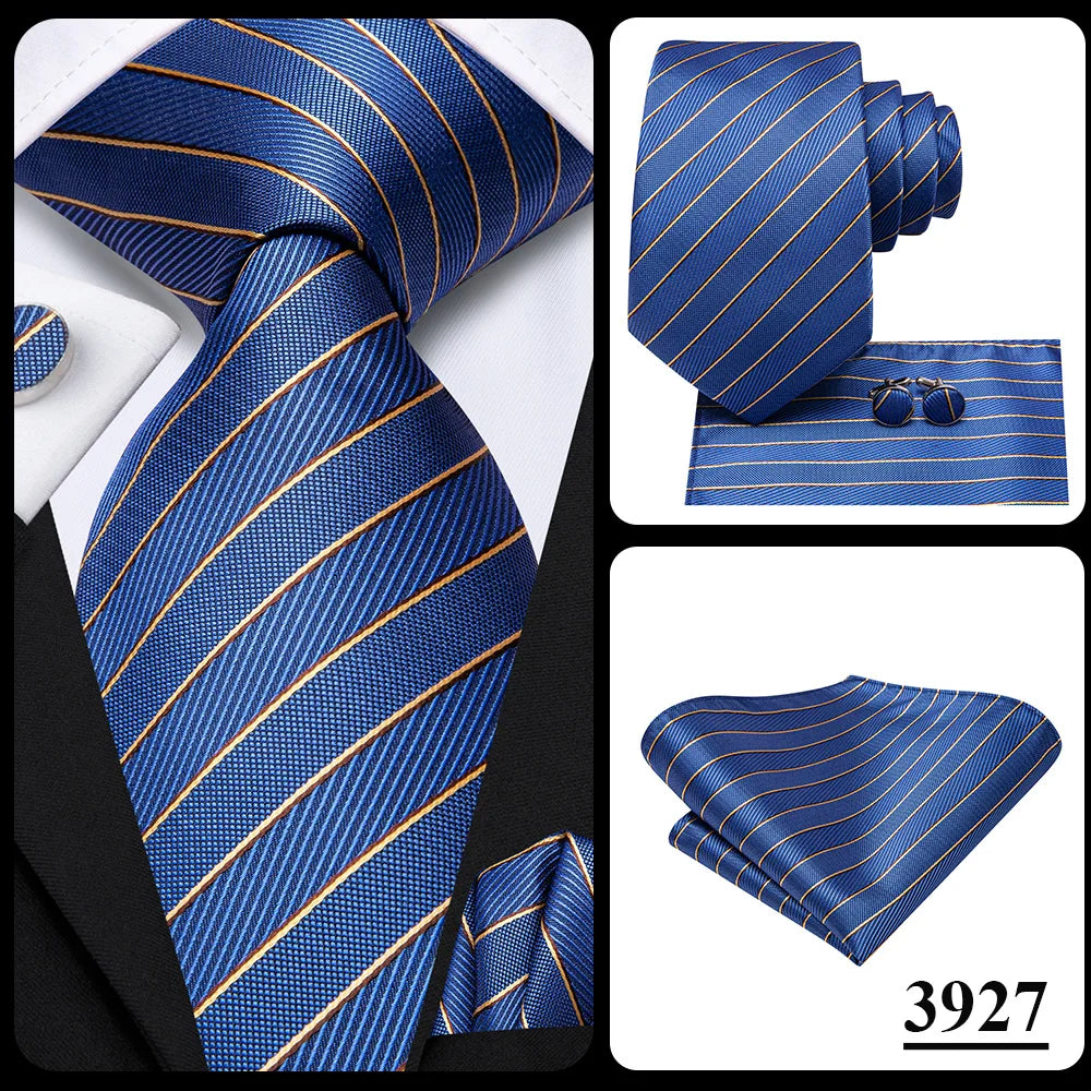 Hi-Tie Men Fashion Striped Navy Blue Necktie Handkerchief Cufflinks for Tuxedo Accessory Classic Silk Luxury Tie for Man Gift