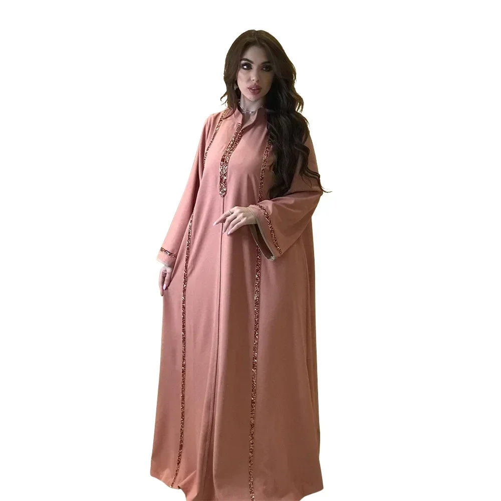 Ramadan Abaya Femme Musulmane Moroccan Kaftan for Woman Fashion Solid Diamonds Full Sleeve Loose Turkish Dubai Robe