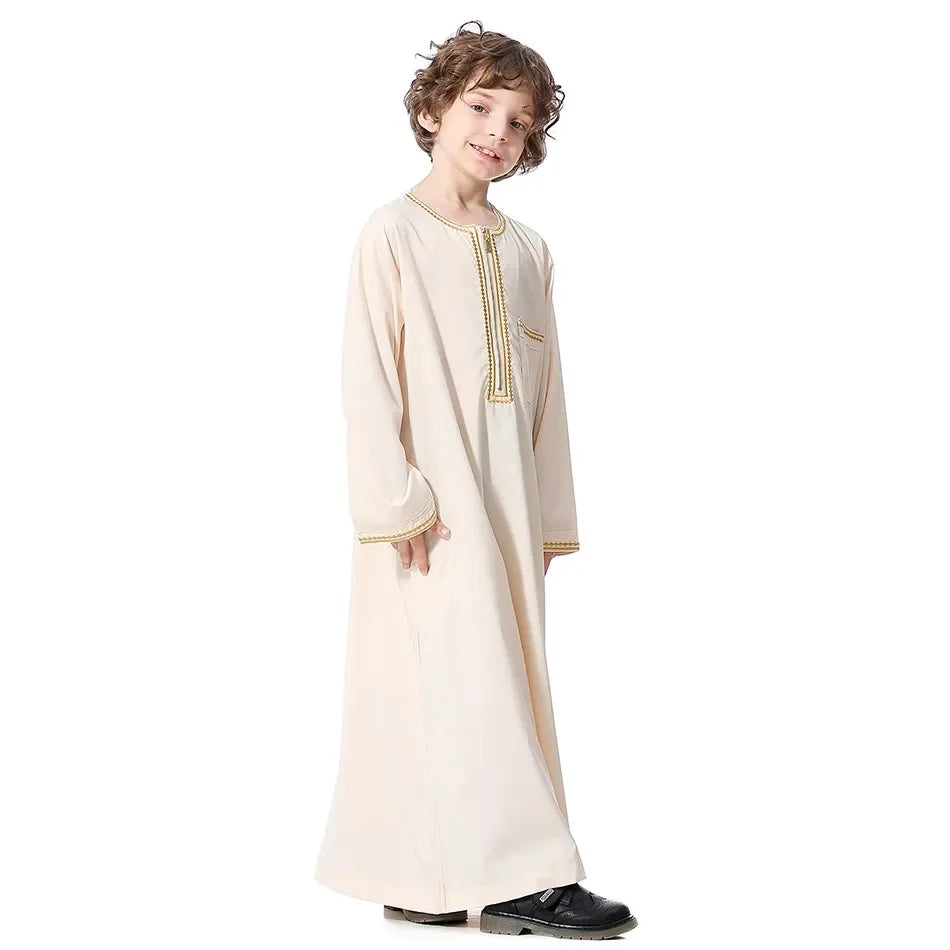 Teenage Boys' Summer Muslim Robe Kids Arab Folk Clothes Boys Solid Color Thobe 5-14 Years National Outfit for Children New