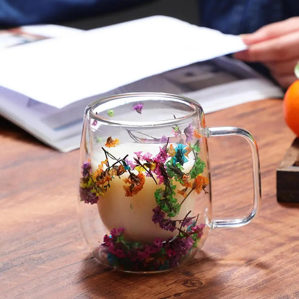 Coffee Mug Double Wall Dried Flower Cup for Coffee Glass Beverage Glasses Tea Mug for Tea Cappuccino Cold Drink flower glass