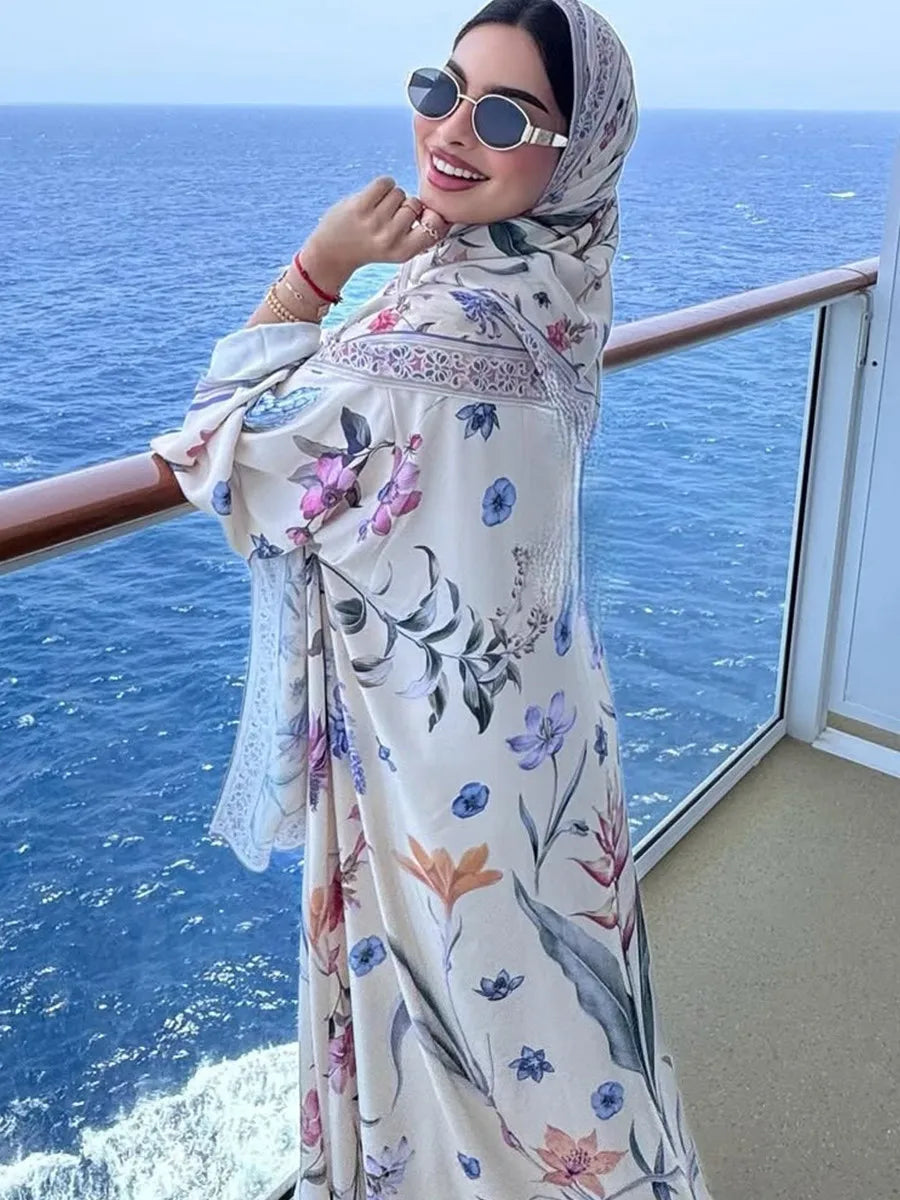 Muslim Women Dubai Abaya Luxury Floral Print Kimono Cardigan Hijab Long Dress Kaftan Ramadan Robe Femme Islam Clothing Kebaya