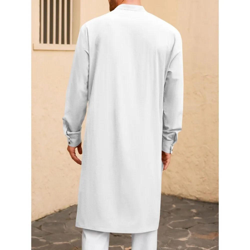 Men's Arabic Style Long Shirt - Minimalist Thobe Robe Shirt, Modern Traditional Muslim Wear for Casual & Prayer
