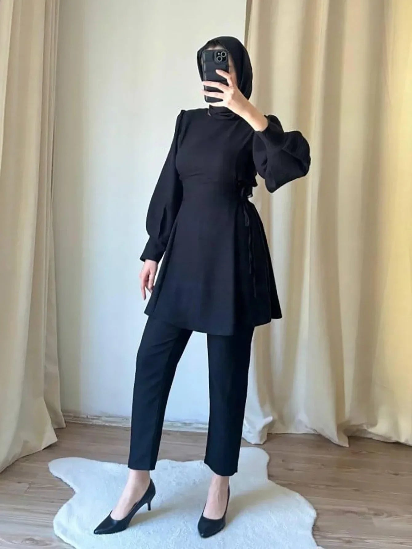 Muslim Women 2 Piece Set Women Lace Up Long Top Shirt Straight Pants Suit Ramadan Morocco Dubai  Ensemble Trousers Arabic Outfit