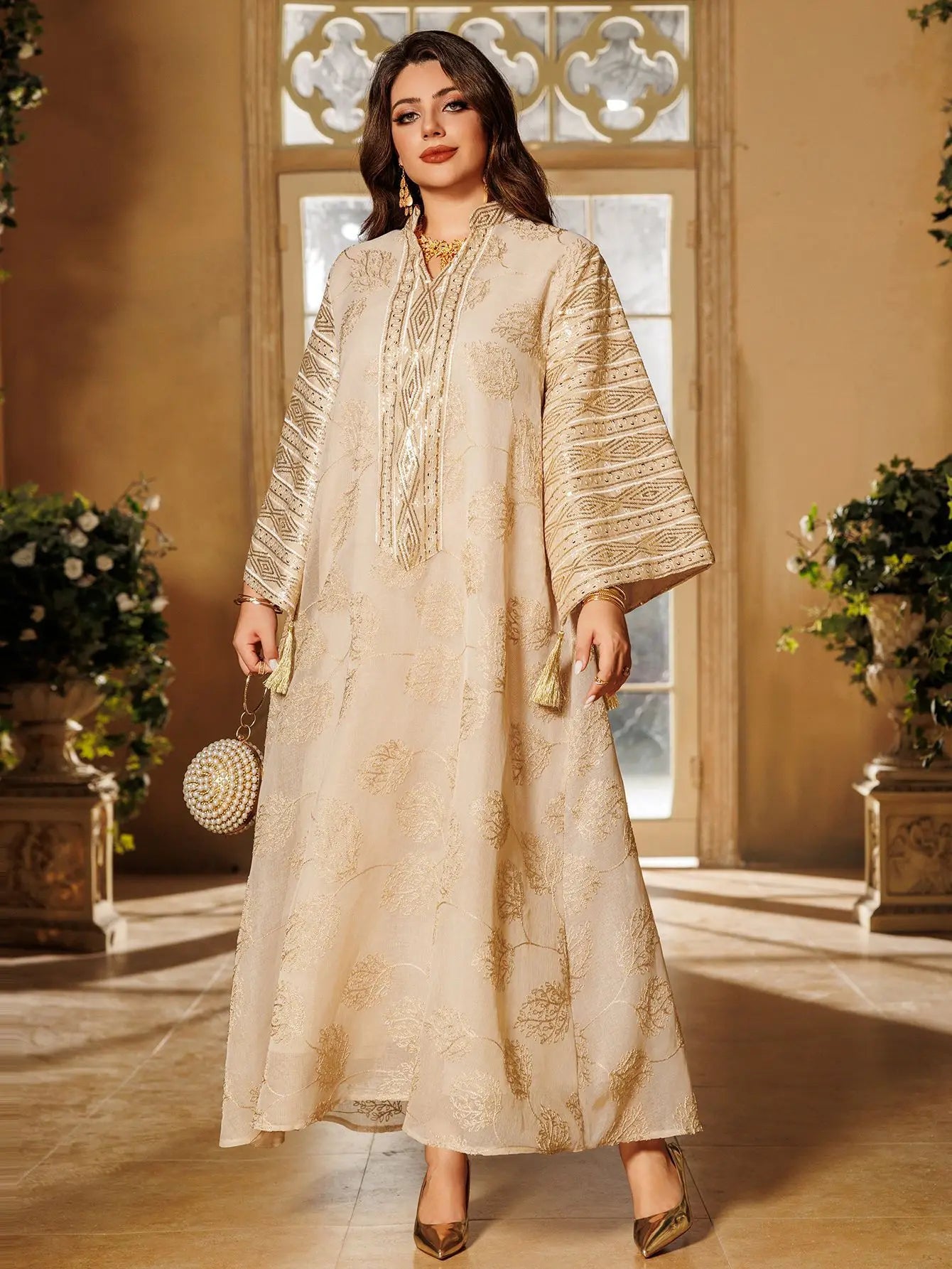 Muslim Women's Light Blue Islamic Embroidered Abaya with Gold Detailing Ideal for Formal Events in Middle East like UAE Saudi