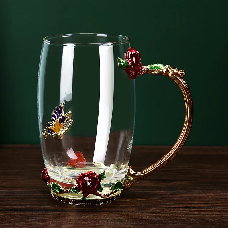 Rose Flower Cup Enamel Water Cup Heat-resistant Glass Cup Enamel Coffee Tea Cup Mug 3D Rose Butterfly Glass Cups Wedding Gift