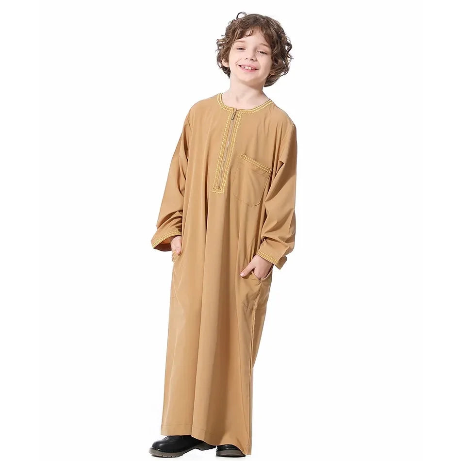 Teenage Boys' Summer Muslim Robe Kids Arab Folk Clothes Boys Solid Color Thobe 5-14 Years National Outfit for Children New