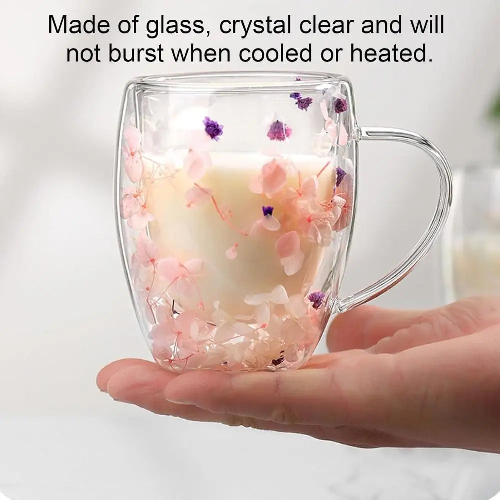 Dried Flowers Double Walled Coffee Mug 350ml Dried Flowers Glass Mugs Unique Creative Flower Mug with Handle Anti-Scalding Mug