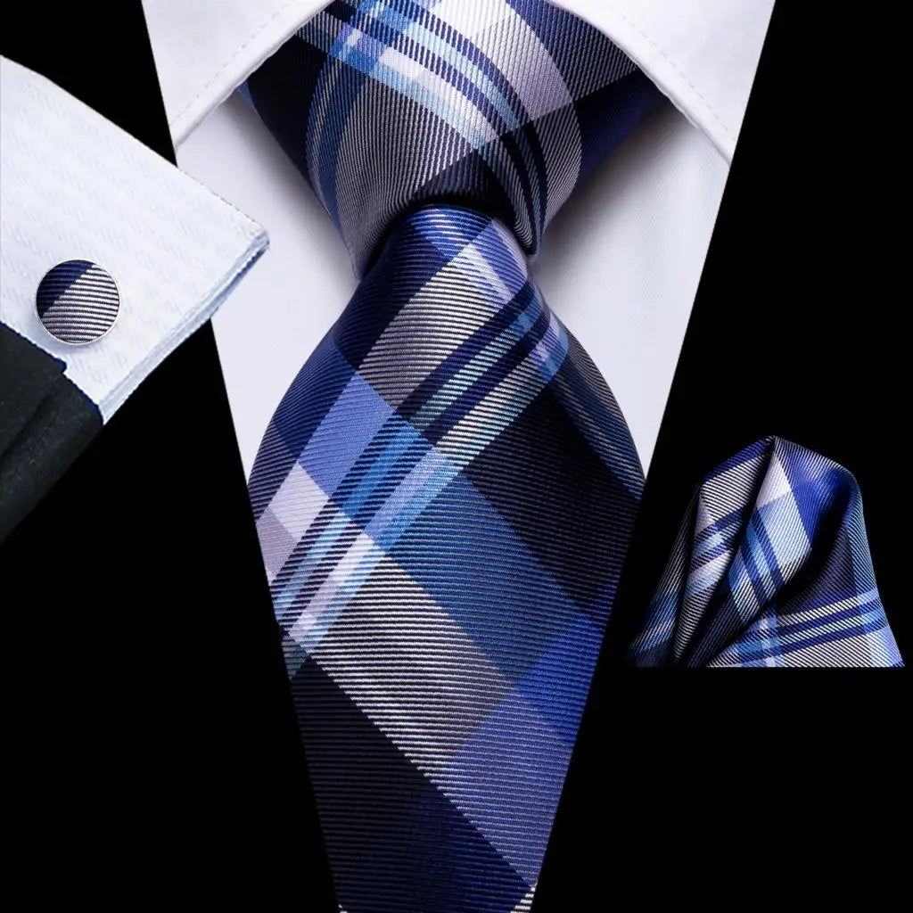 Hi-Tie Plaid Silk Tie For Men Elegant Mens Blue Grey Necktie Pocket Square Cufflink Groom Wedding Accessory Wholesale Designer