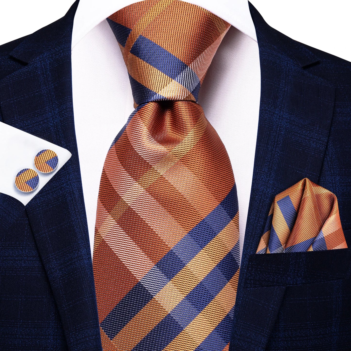 Hi-Tie Fashion 8.5cm Black Plaid Dots Men's Elegant Tie Handkerchief Cufflinks Set Wedding Party Accessories Gift for Men Gravat