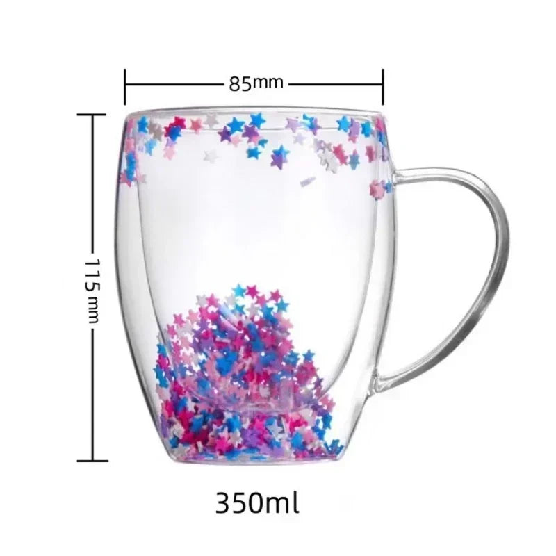 350ml Double Wall Glass Coffee Mug with Handles Clear Milk Cups Gifts Glass Cup Fill Artificial Simulation Flowers Teacup Gift