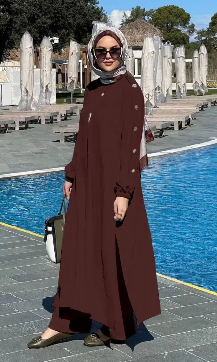 Blouse 2 Piece Set Muslim Set Dress Women Long Sleeve Abaya Shirt Wide Leg Pant Suits Arabic Dubai Dresses Musulman Ensembles