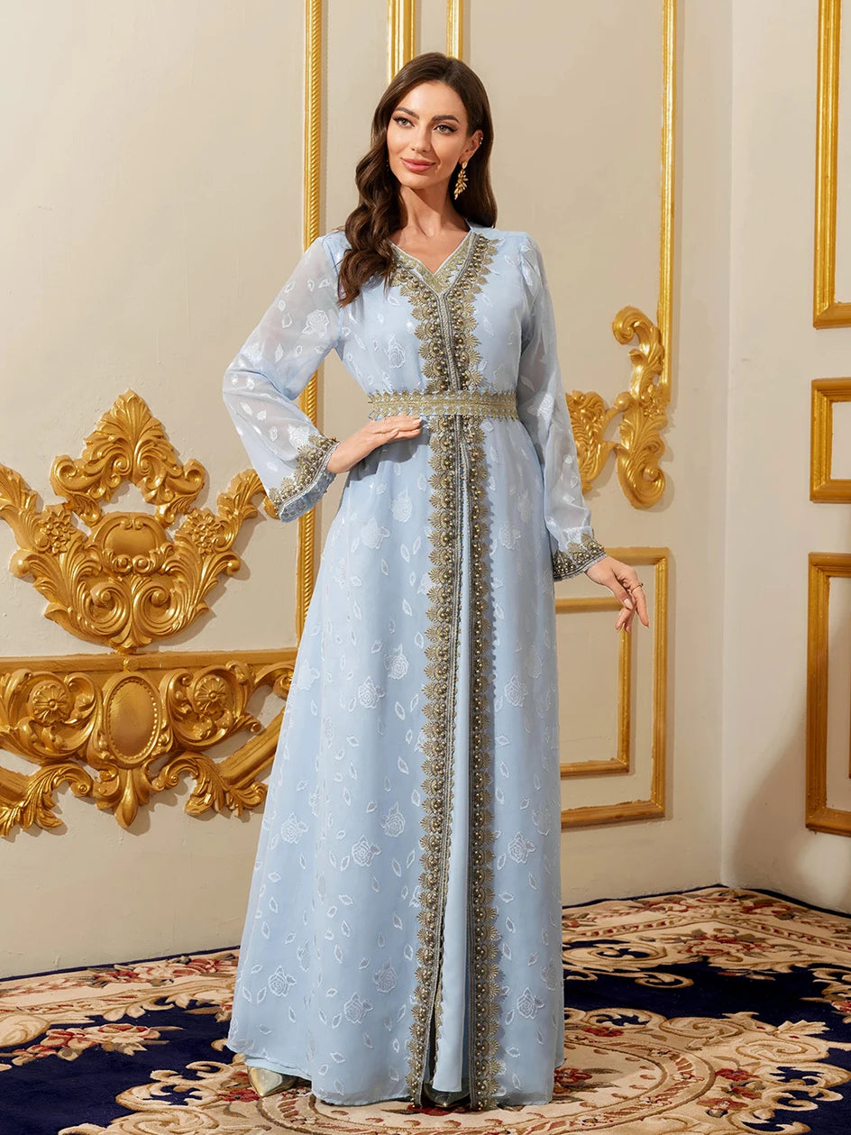 Muslim Abayas Moroccan Floral Maxi Kaftan Dress for Women Arabic Islamic Dubai Robe Ramadan Prayer Clothing