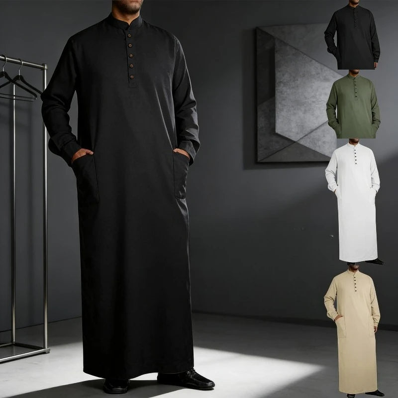 Simple Arabic Thobe for Men Long Stand Collar Button Down Robe Islamic Muslim Jubba Casual Prayer Wear
