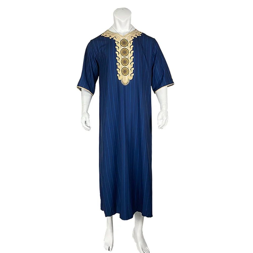 Men's Arabian Thobe - Summer V-Neck Short Sleeve Robe, Loose Fit Muslim Islamic Clothing for Casual Wear