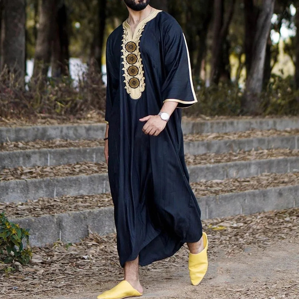 Men's Arabian Thobe - Summer V-Neck Short Sleeve Robe, Loose Fit Muslim Islamic Clothing for Casual Wear