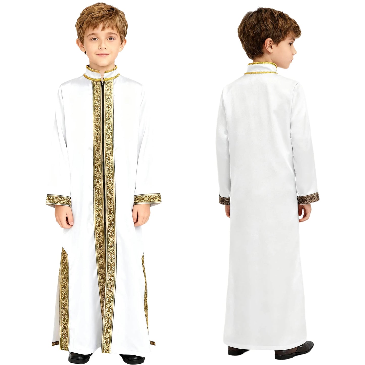 Boys Gold Embroidery Maxi Muslim Thobe Kaftans Arab Gown Islamic Robe Cosplay Long Sleeves Coats Festival Holiday Costume