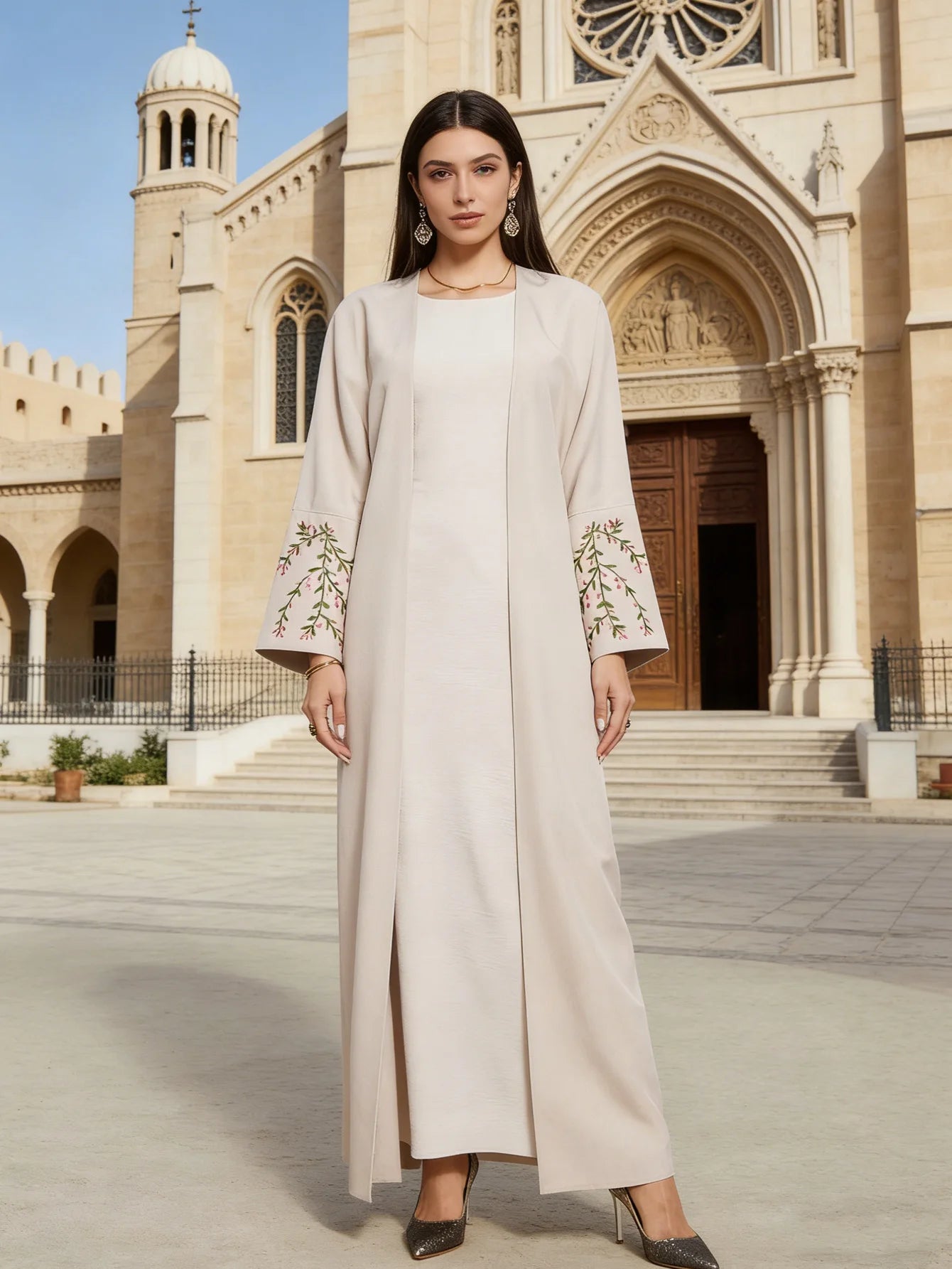 EID Ramadan Floral Embroidery Abaya Modest Clothing Dubai Abaya Turkey Linen Kimono Islamic Clothing