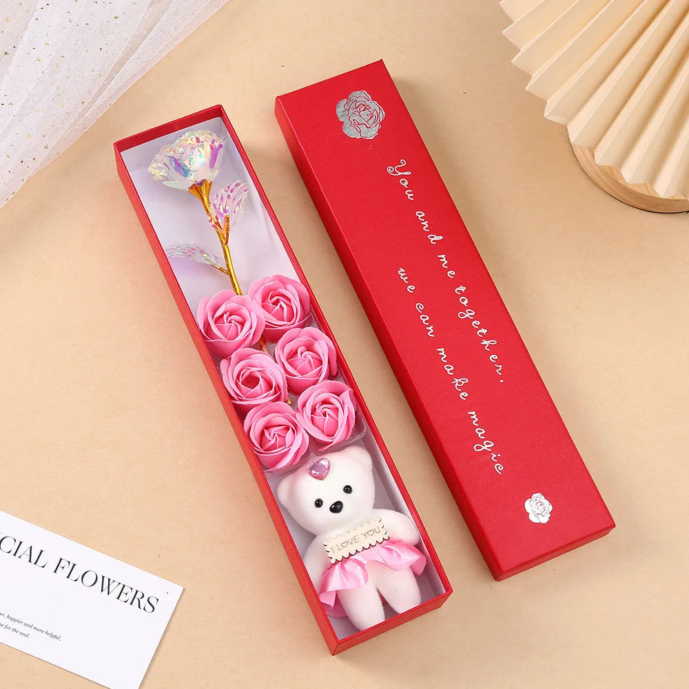 6Heads Flowers Soap Flower Gift Rose Box Valentines Day Gift Bears Bouquet Wedding Decoration Gift Festival Heart-shaped Box