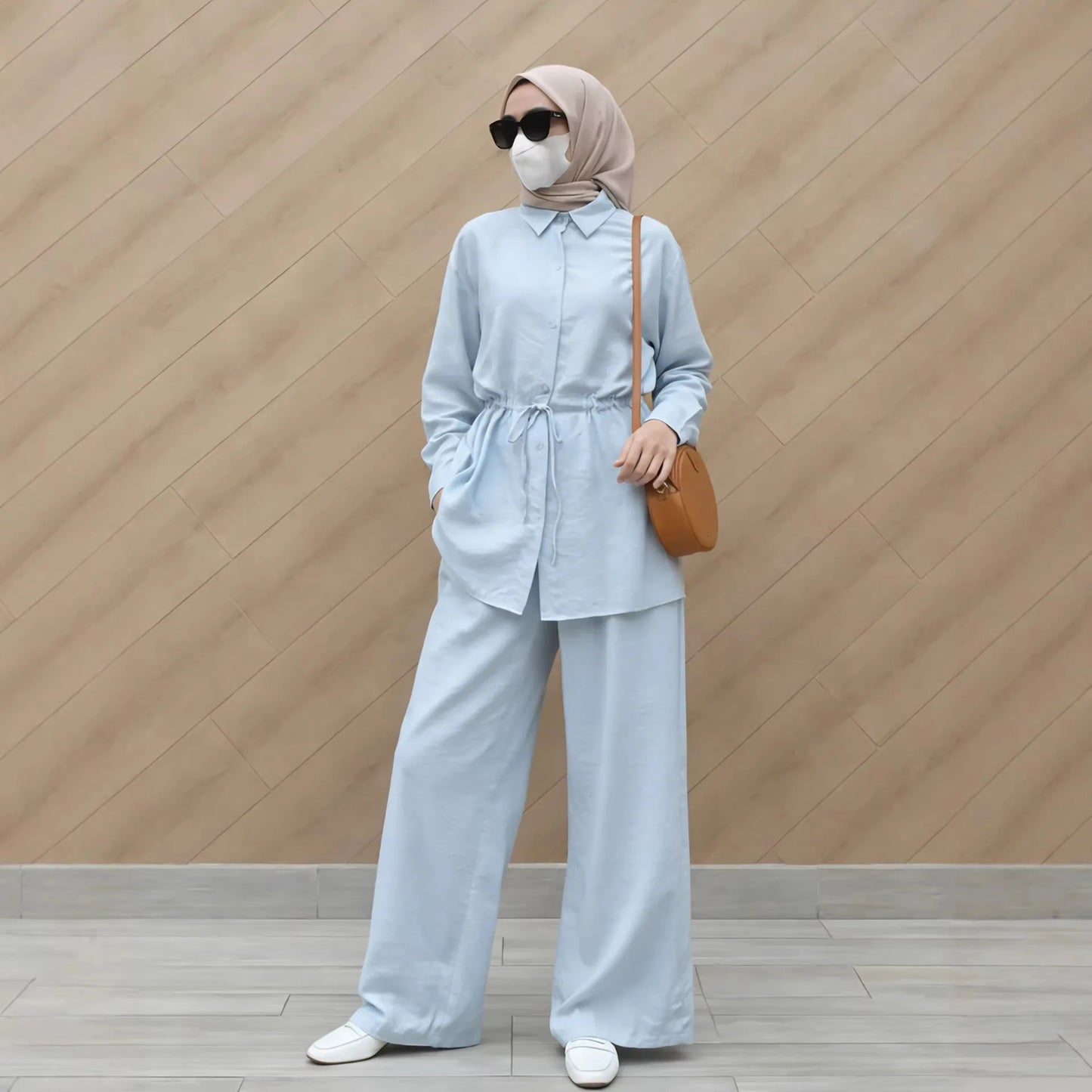 Turn Down Collar Rope Laced 2 Piece Set Women Clothing Wide Leg Pants Ramadan Prayer Dubai Islamic Clothes Turkish Abaya