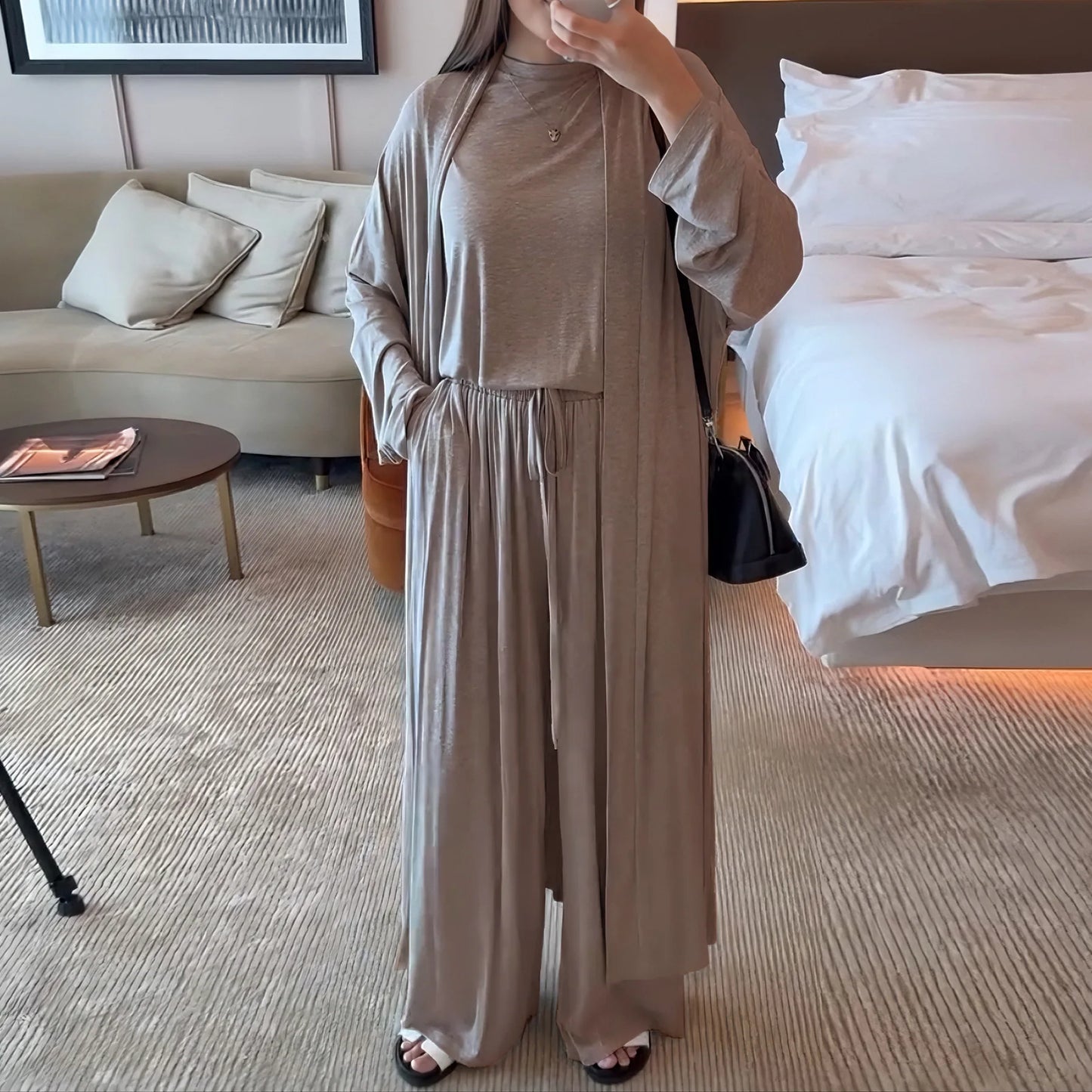 Muslim 3 Piece Set Women Cardigan Shirt Wide Leg Pant Blouse Top Suit Musulman Ensemble Dubai Casual Femme Outfits Solid Casual