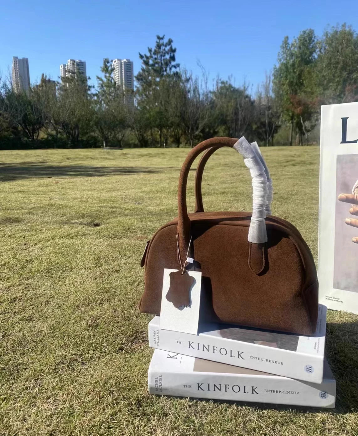 Nothingwritten Suede Leather Bowling Bag Handheld Boston Bag Women's Handbag Korean Sle Hard Handle Canvas  Zipper Cl...